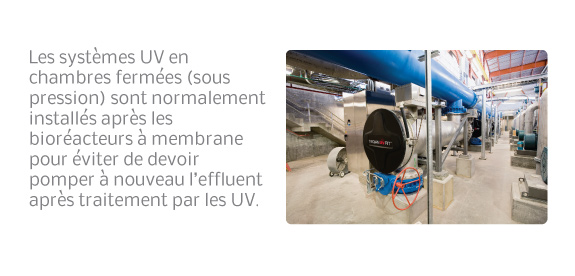 Les systèmes UV en chambres fermées (sous pression) sont normalement installés après les bioréacteurs à membrane pour éviter de devoir pomper à nouveau l’effluent après traitement par les UV