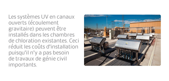 Les systèmes UV en canaux ouverts (écoulement gravitaire) peuvent être installés dans les chambres de chloration existantes