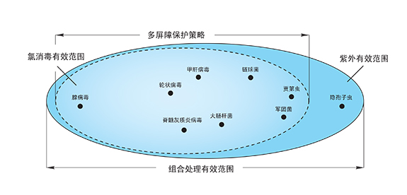 作为多屏障保护策略之一的紫外**几乎可以灭活所有的微生物（如腺病毒）和抗氯性的原生动物，如贾第虫和隐孢子虫。